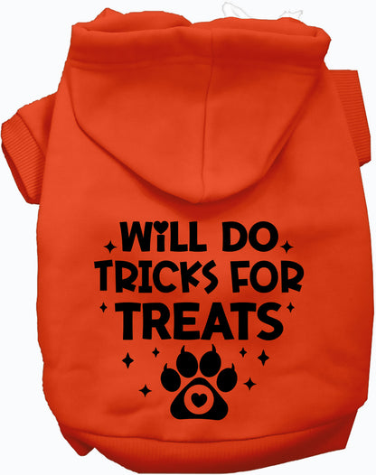 Orange pet hoodie with 'Will Do Tricks for Treats' design