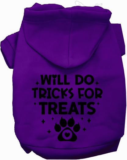 Purple pet hoodie with 'Will Do Tricks for Treats' design