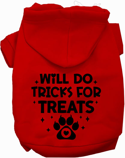 Red pet hoodie with 'Will Do Tricks for Treats' design