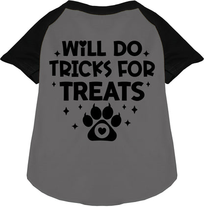 Black sleeve pet raglan shirt with 'Will Do Tricks for Treats' print