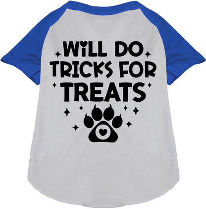 Blue sleeve pet raglan shirt with 'Will Do Tricks for Treats' print