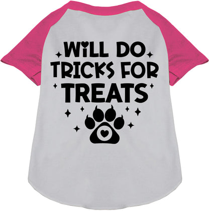 Pink sleeve pet raglan shirt with 'Will Do Tricks for Treats' print