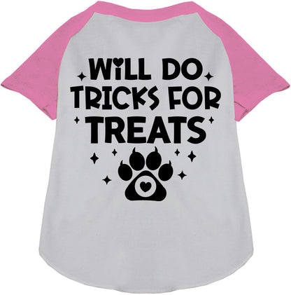 Light pink sleeve pet raglan shirt with 'Will Do Tricks for Treats' print