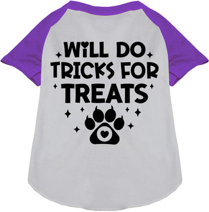 Purple sleeve pet raglan shirt with 'Will Do Tricks for Treats' print