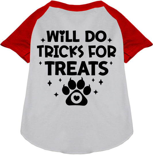 Red sleeve pet raglan shirt with 'Will Do Tricks for Treats' print