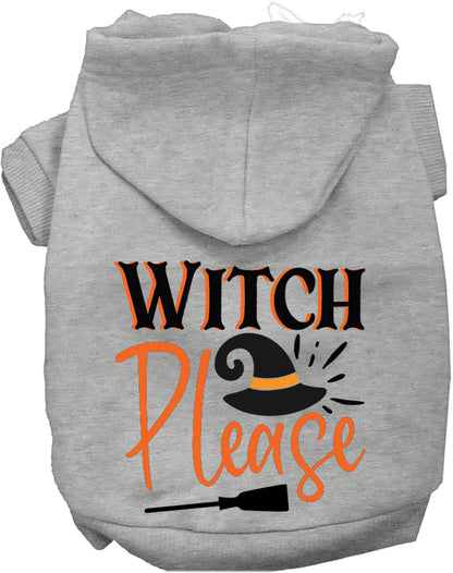 Gray Witch Please pet hoodie with witch hat design