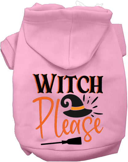 Light pink Witch Please pet hoodie with witch hat design