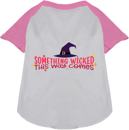 Light pink raglan pet shirt with 'Something Wicked' design