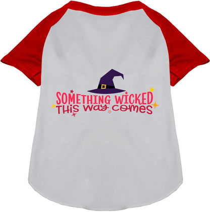 Red raglan pet shirt with 'Something Wicked' design