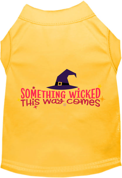 Yellow pet shirt with 'Something Wicked This Way Comes' design