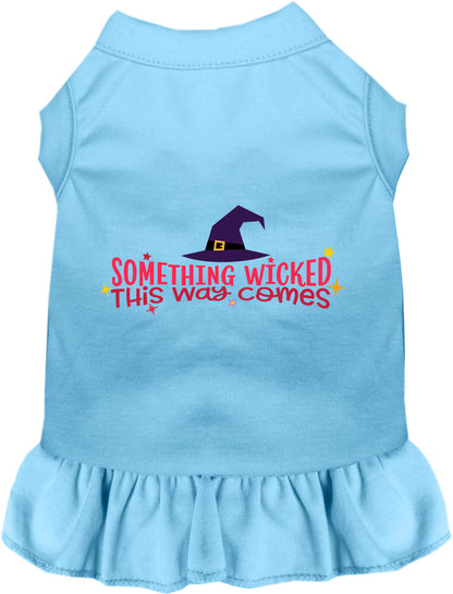 Blue pet dress with 'Something Wicked This Way Comes' design