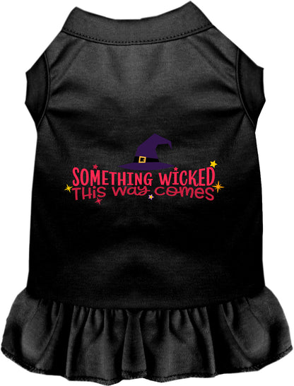 Black pet dress with black skirt and 'Something Wicked' design