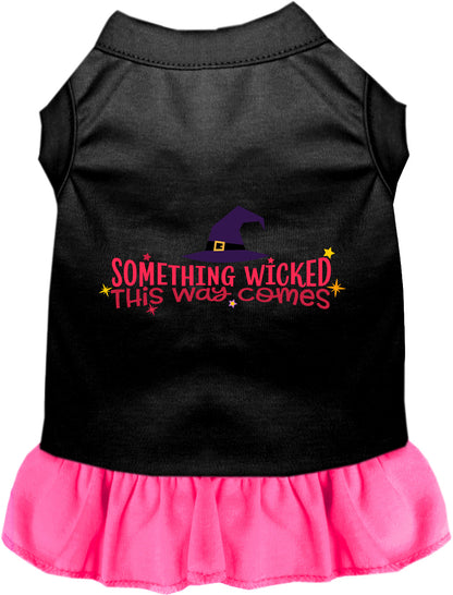 Black pet dress with pink skirt and 'Something Wicked' design