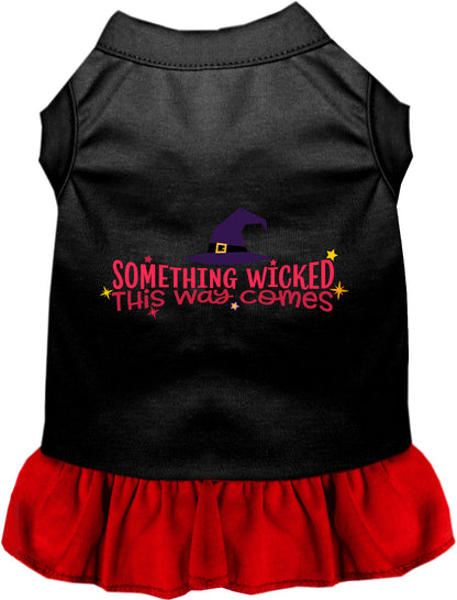 Black pet dress with red skirt and 'Something Wicked' design