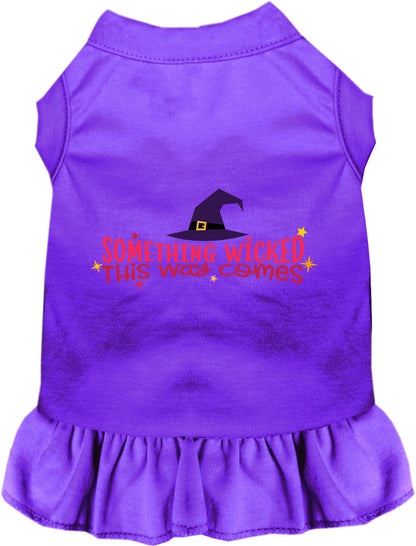 Purple pet dress with 'Something Wicked This Way Comes' design