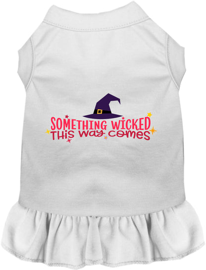 White pet dress with 'Something Wicked This Way Comes' design