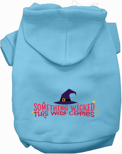 Light blue pet hoodie with 'Something Wicked This Way Comes' design