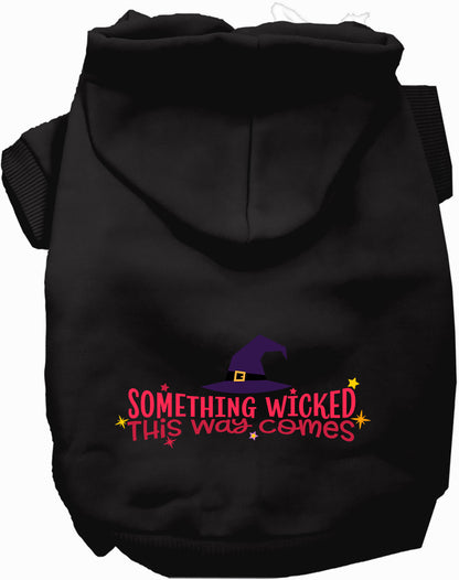 Dark gray pet hoodie with 'Something Wicked This Way Comes' design