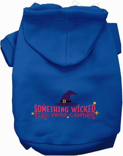 Royal blue pet hoodie with 'Something Wicked This Way Comes' design