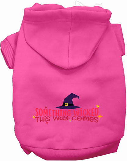 Pink pet hoodie with 'Something Wicked This Way Comes' design