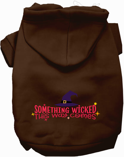 Brown pet hoodie with 'Something Wicked This Way Comes' design