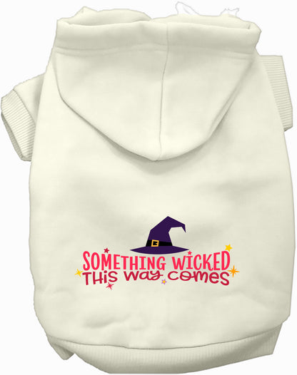 White pet hoodie with 'Something Wicked This Way Comes' design