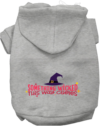 Gray pet hoodie with 'Something Wicked This Way Comes' design