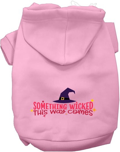 Light pink pet hoodie with 'Something Wicked This Way Comes' design