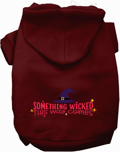 Burgundy pet hoodie with 'Something Wicked This Way Comes' design