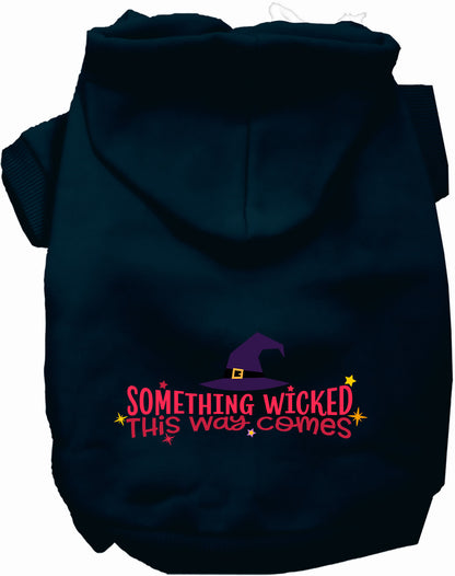 Black pet hoodie with 'Something Wicked This Way Comes' design