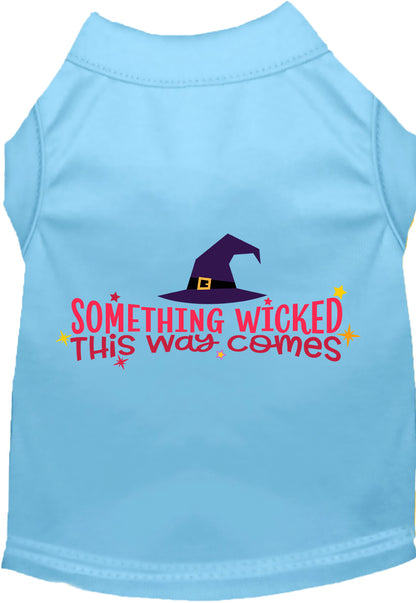 Blue pet shirt with 'Something Wicked This Way Comes' design