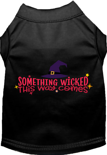 Black pet shirt with 'Something Wicked This Way Comes' design