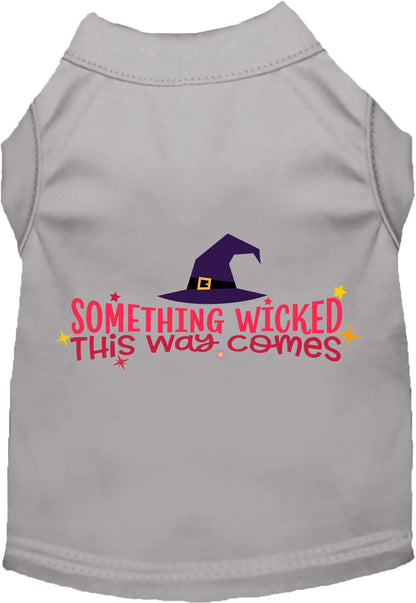 Gray pet shirt with 'Something Wicked This Way Comes' design