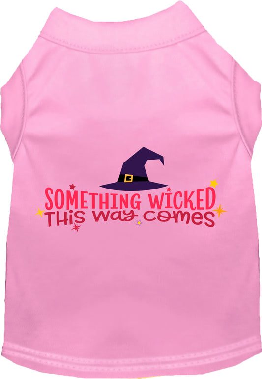 Pink pet shirt with 'Something Wicked This Way Comes' design