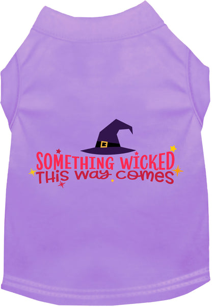 Light purple pet shirt with 'Something Wicked This Way Comes' design