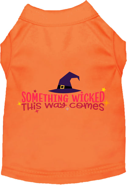 Orange pet shirt with 'Something Wicked This Way Comes' design