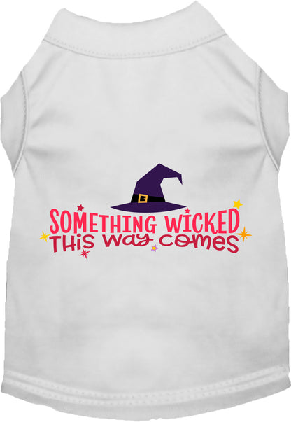 White pet shirt with 'Something Wicked This Way Comes' design