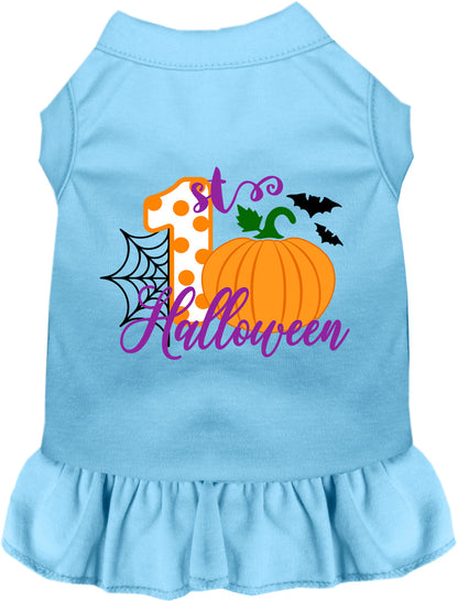 Blue My First Halloween pet dress with pumpkin design