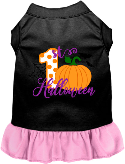 Black and light pink My First Halloween pet dress with pumpkin design