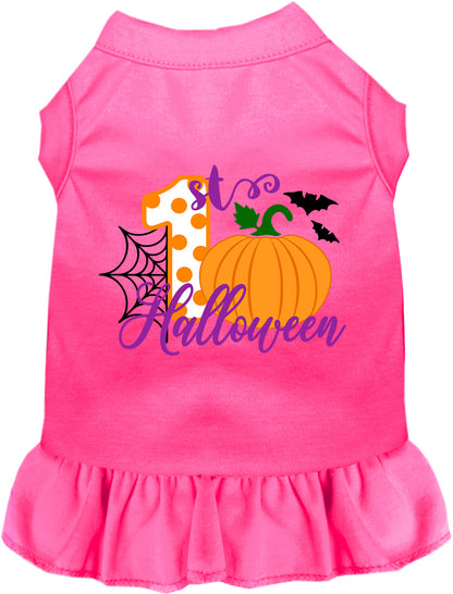 Hot pink My First Halloween pet dress with pumpkin design