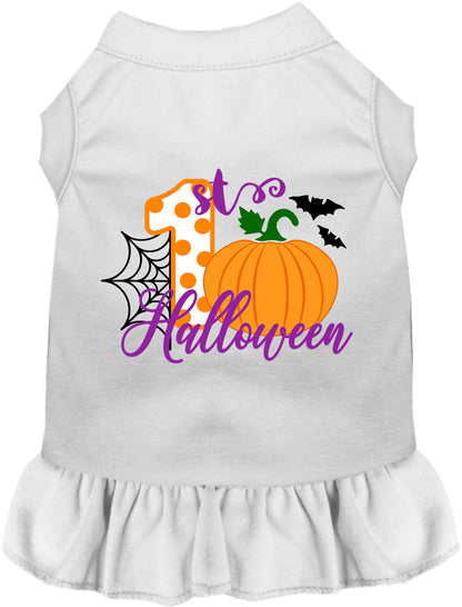 White My First Halloween pet dress with pumpkin design