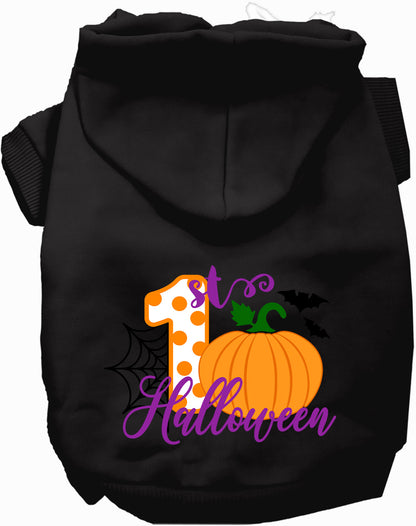 Black My First Halloween pet hoodie with pumpkin design