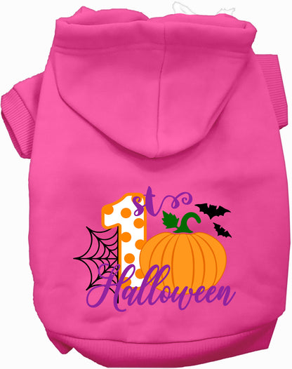 Pink My First Halloween pet hoodie with pumpkin design