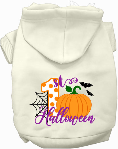 White My First Halloween pet hoodie with pumpkin design