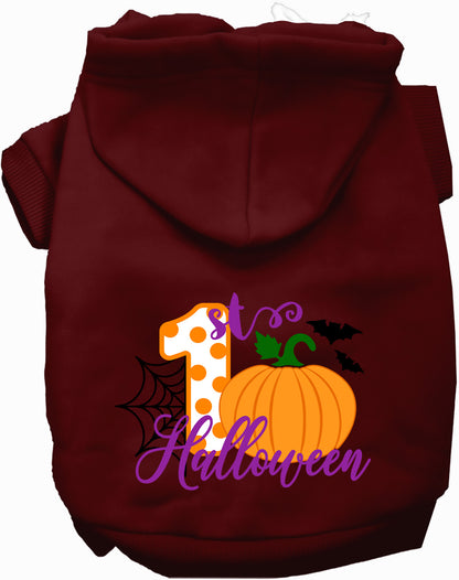 Dark red My First Halloween pet hoodie with pumpkin design