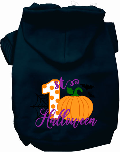 Dark blue My First Halloween pet hoodie with pumpkin design