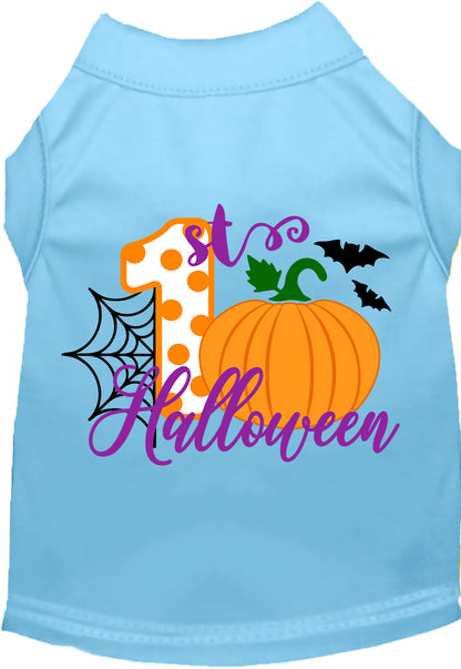 Blue My First Halloween pet shirt with pumpkin design