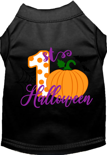 Black My First Halloween pet shirt with pumpkin design