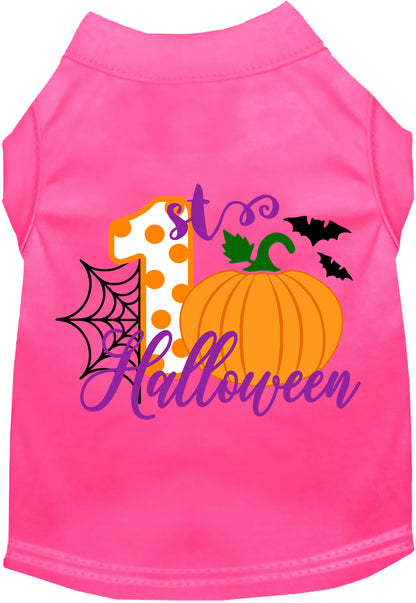 Pink My First Halloween pet shirt with pumpkin design