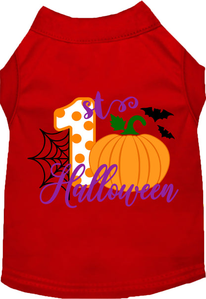 Red My First Halloween pet shirt with pumpkin design